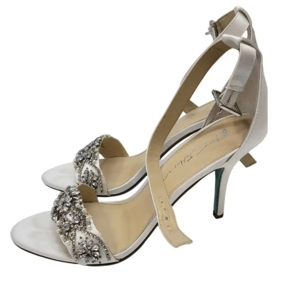 Embellished White Satin Ankle-Strap Heels